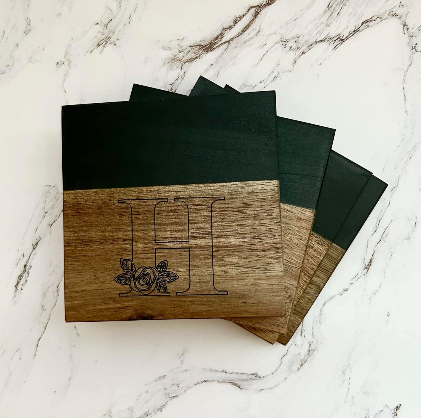 Custom Slate/Marble Acacia Coaster Set