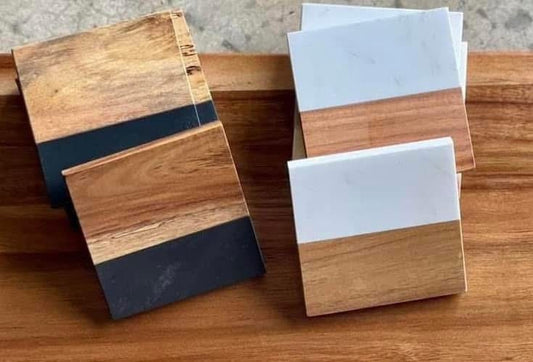 Custom Slate/Marble Acacia Coaster Set